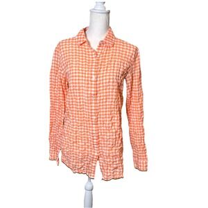 J McLaughlin Lois Blouse Medium Orange White Plaid Crinkle Button Down Shirt